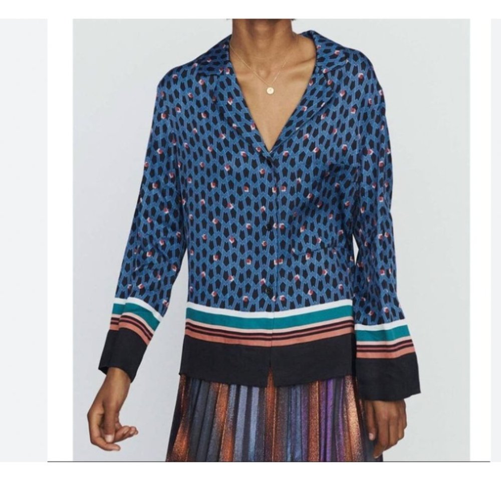 Maje Blue Multi-Spot Silk Blouse with Stripe Trim - Picture 2 of 13